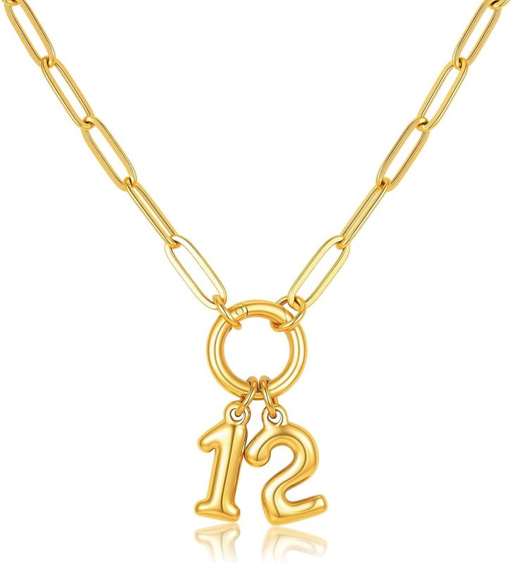 Gold Number Necklace for Women - 18k Gold Plated Necklace with Interchangeable Charm Pendant. Non-Tarnish Stainless Steel Necklace. Lucky or Birth Number Personalized Jewelry Birthday Gift
