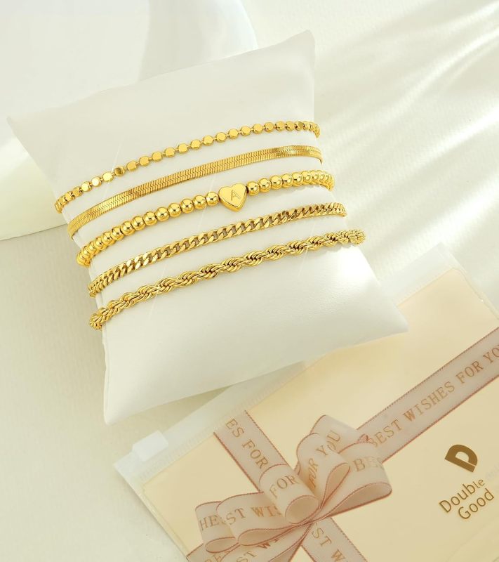 doubgood Mothers Day Gifts Gold Bracelets for Women Waterproof Stackable Heart Initial Charm Bracelets Set A-Z Letter 14K Gold Plated Adjustable Chain Link Stack Jewelry Gifts for Mom Birthday