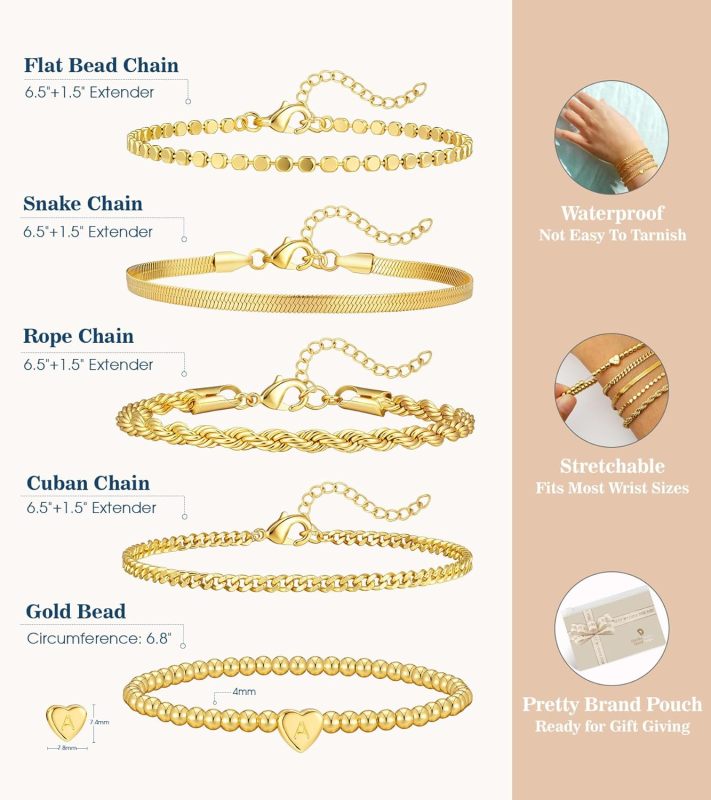 doubgood Mothers Day Gifts Gold Bracelets for Women Waterproof Stackable Heart Initial Charm Bracelets Set A-Z Letter 14K Gold Plated Adjustable Chain Link Stack Jewelry Gifts for Mom Birthday