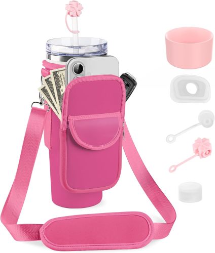 Water Bottle Holder with Strap for Stanley 30/40 oz Tumbler, Fashion Stanley Cup Bag with Big Phone Pocket, Silicone Boot, Straw Cover & Leak Proof Stoppers