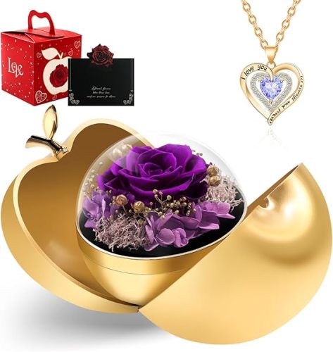 Preserved Roses Forever Flowers Mother's Day Heart Necklace Gifts for Birthday Mom Her Wife Girlfriend Grandma on Valentines Christmas Anniversary Romantic-Purple