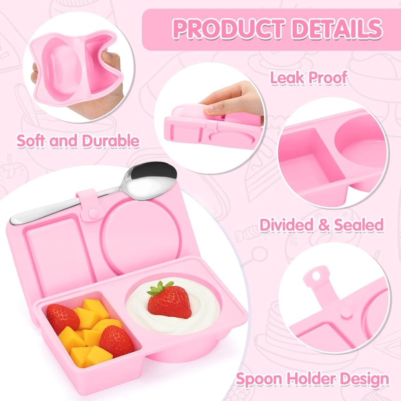 Silicone Snack Containers with Lids – Reusable Snack Containers with Double Compartments for Adults Mini Silicone Food Box Perfect for Travel Lunch Gym (Pink)