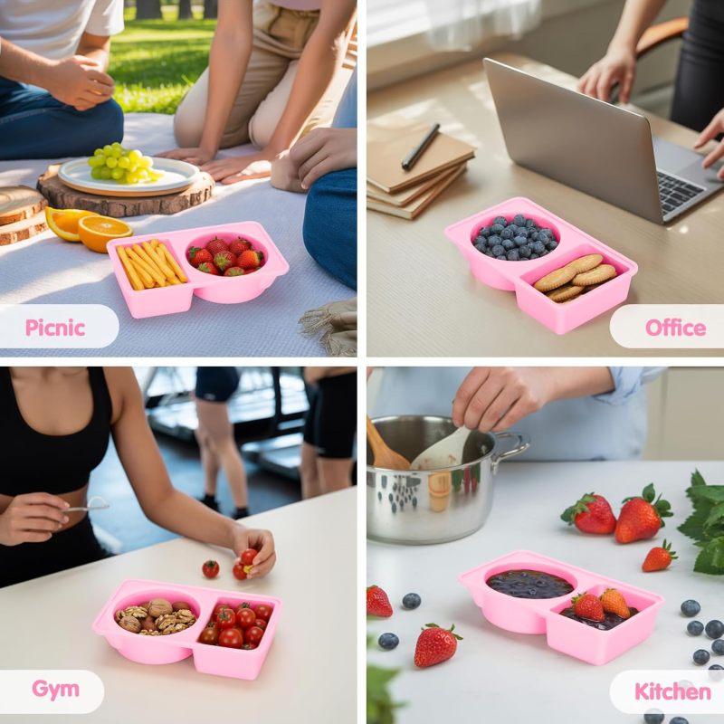 Silicone Snack Containers with Lids – Reusable Snack Containers with Double Compartments for Adults Mini Silicone Food Box Perfect for Travel Lunch Gym (Pink)