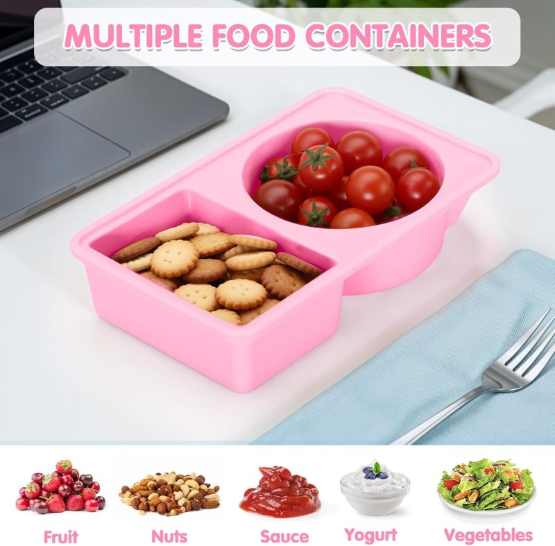 Silicone Snack Containers with Lids – Reusable Snack Containers with Double Compartments for Adults Mini Silicone Food Box Perfect for Travel Lunch Gym (Pink)