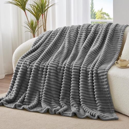 BEDELITE Fleece Throw Blanket for Couch - 300GSM Soft & Warm Fluffy Grey Blanket, Decorative and Giftable Striped Blankets for Women, Men, 50