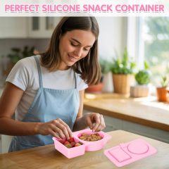 Silicone Snack Containers with Lids – Reusable Snack Containers with Double Compartments for Adults Mini Silicone Food Box Perfect for Travel Lunch Gym (Pink)