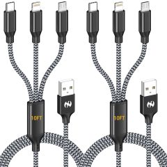 3 in 1 Multi Charging Cable 6ft, 2 Pack Nylon Braided Charger Cord with Lightning, USB C and Micro USB Connectors, Universal Phone Charging Cable for iPhone and Android Devices