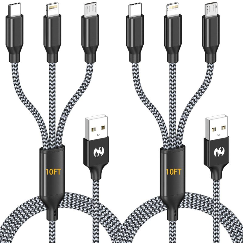 3 in 1 Multi Charging Cable 6ft, 2 Pack Nylon Braided Charger Cord with Lightning, USB C and Micro USB Connectors, Universal Phone Charging Cable for iPhone and Android Devices
