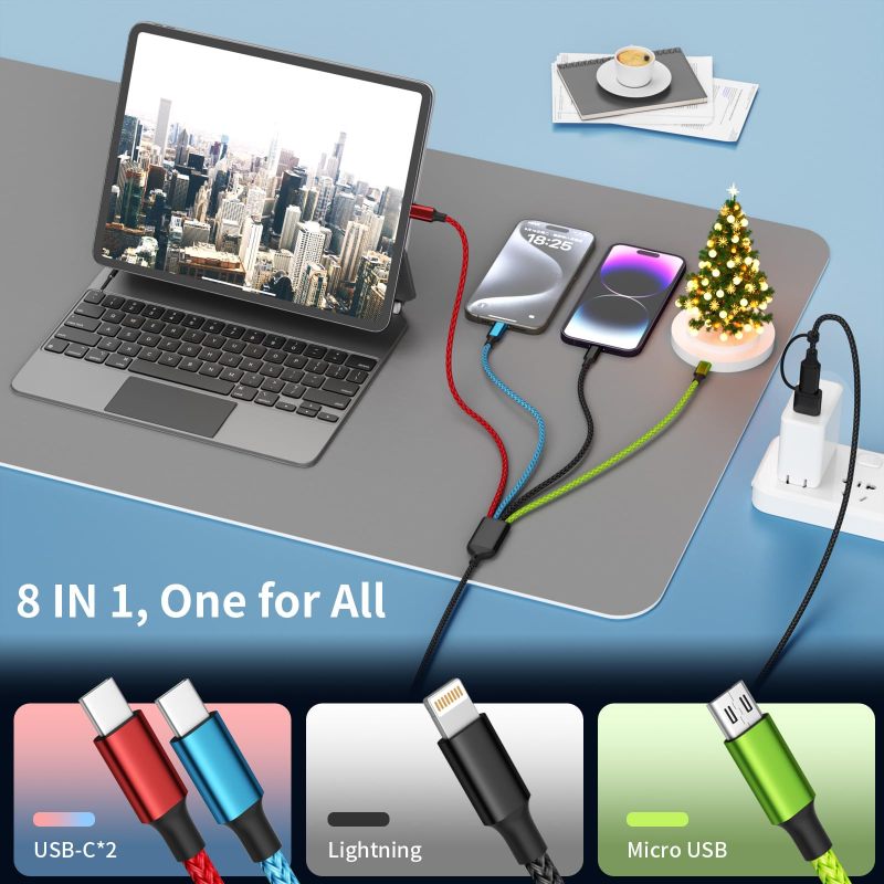 3 in 1 Multi Charging Cable 6ft, 2 Pack Nylon Braided Charger Cord with Lightning, USB C and Micro USB Connectors, Universal Phone Charging Cable for iPhone and Android Devices