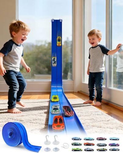 Flexible Race Track for Kids – 15 Ft Roll-Up Car Track with Suction Cups, Fits 1:64 Diecast Cars, Portable Bendable Track Toys for Boys Girls Ages 3+,Blue