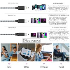 3 in 1 Multi Charging Cable 6ft, 2 Pack Nylon Braided Charger Cord with Lightning, USB C and Micro USB Connectors, Universal Phone Charging Cable for iPhone and Android Devices