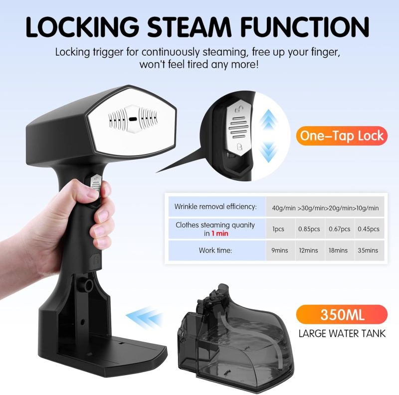 2000W Powerful Handheld Steamer for Clothes, 10-Second Heat-Up, 40g/min Steaming, 350ml Tank, 3 Adjustable Settings &amp; Leak-Proof Design, Portable Garment Steamer for Travel and Home Use