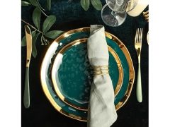 Stone Lain Florian Modern Porcelain 16 Piece Dinnerware Set, Plates and Bowls Set, Dish set for 4, Green and Golden Rim
