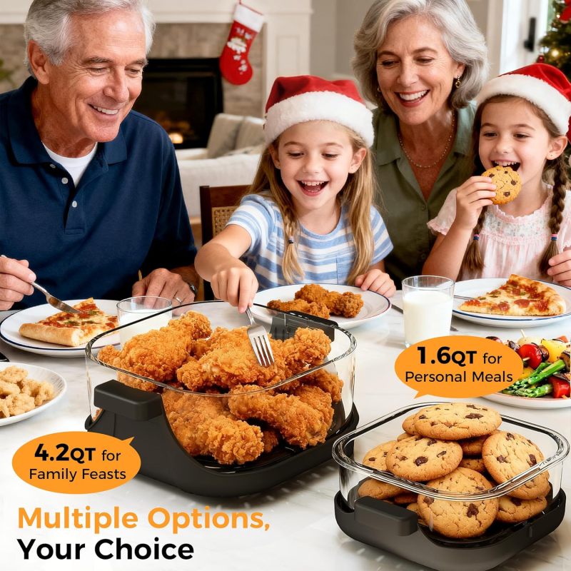 4-in-1 Portable Glass Air Fryer - 1500W, 400°F Precise Heat, 4.2QT &amp; 1.6QT Dual Glass Containers and Lids, Non-Toxic, Max Crisp/Bake/Air Fry/Recrisp,Microwave, Freezer &amp; Dishwasher Safe