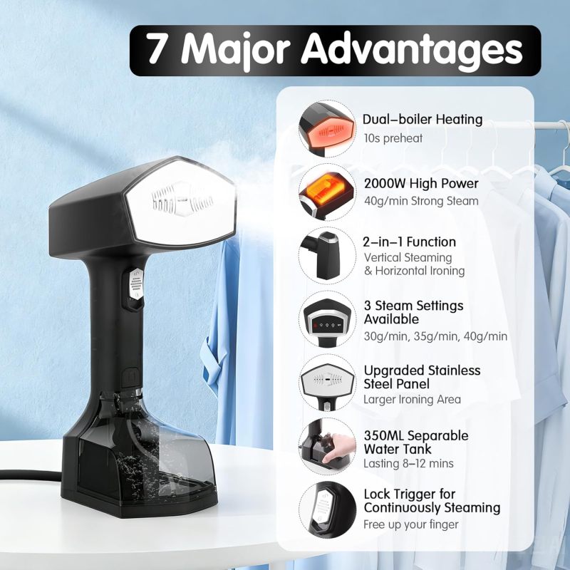 2000W Powerful Handheld Steamer for Clothes, 10-Second Heat-Up, 40g/min Steaming, 350ml Tank, 3 Adjustable Settings &amp; Leak-Proof Design, Portable Garment Steamer for Travel and Home Use