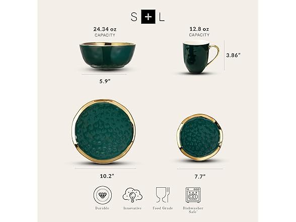 Stone Lain Florian Modern Porcelain 16 Piece Dinnerware Set, Plates and Bowls Set, Dish set for 4, Green and Golden Rim