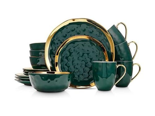 Stone Lain Florian Modern Porcelain 16 Piece Dinnerware Set, Plates and Bowls Set, Dish set for 4, Green and Golden Rim