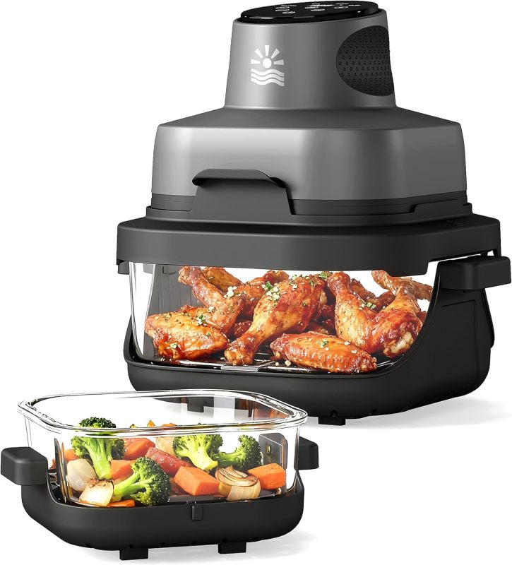 4-in-1 Portable Glass Air Fryer - 1500W, 400°F Precise Heat, 4.2QT &amp; 1.6QT Dual Glass Containers and Lids, Non-Toxic, Max Crisp/Bake/Air Fry/Recrisp,Microwave, Freezer &amp; Dishwasher Safe