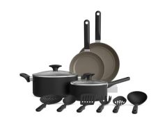 bella 12 Piece Cookware Set with EverGood™ Ceramic Nonstick Coating​, Dishwasher & Oven Safe, All Stovetops Compatible, Tempered Glass Lids and Cool Touch Handles, Black