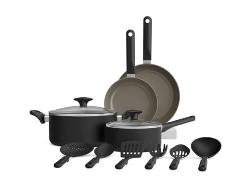 bella 12 Piece Cookware Set with EverGood™ Ceramic Nonstick Coating​, Dishwasher & Oven Safe, All Stovetops Compatible, Tempered Glass Lids and Cool Touch Handles, Black