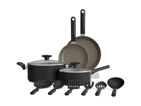 bella 12 Piece Cookware Set with EverGood™ Ceramic Nonstick Coating​, Dishwasher & Oven Safe, All Stovetops Compatible, Tempered Glass Lids and Cool Touch Handles, Black
