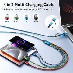 Multi Charging Cable 4ft 2Pack, Doub Tyep-C 4 in 1 Charging cable Nylon Braided Lightning iPhone Charger,Universal Charger Phone Cord With Type-C,Micro USB,IP Port for iPhone17-5/Android -Multicolor