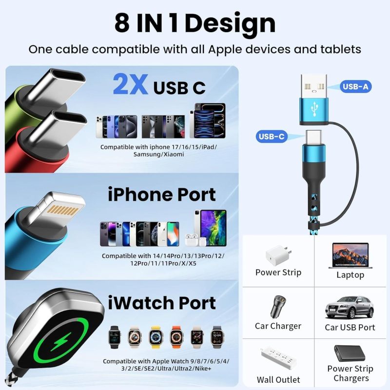 Multi Charging Cable 4ft 2Pack, Doub Tyep-C 4 in 1 Charging cable Nylon Braided Lightning iPhone Charger,Universal Charger Phone Cord With Type-C,Micro USB,IP Port for iPhone17-5/Android -Multicolor