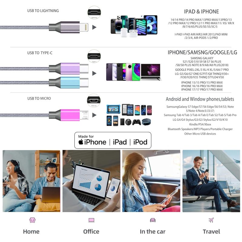 Multi Charging Cable 4ft 2Pack, Doub Tyep-C 4 in 1 Charging cable Nylon Braided Lightning iPhone Charger,Universal Charger Phone Cord With Type-C,Micro USB,IP Port for iPhone17-5/Android -Multicolor