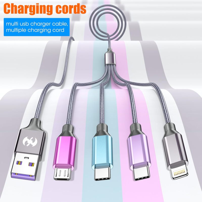 Multi Charging Cable 4ft 2Pack, Doub Tyep-C 4 in 1 Charging cable Nylon Braided Lightning iPhone Charger,Universal Charger Phone Cord With Type-C,Micro USB,IP Port for iPhone17-5/Android -Multicolor