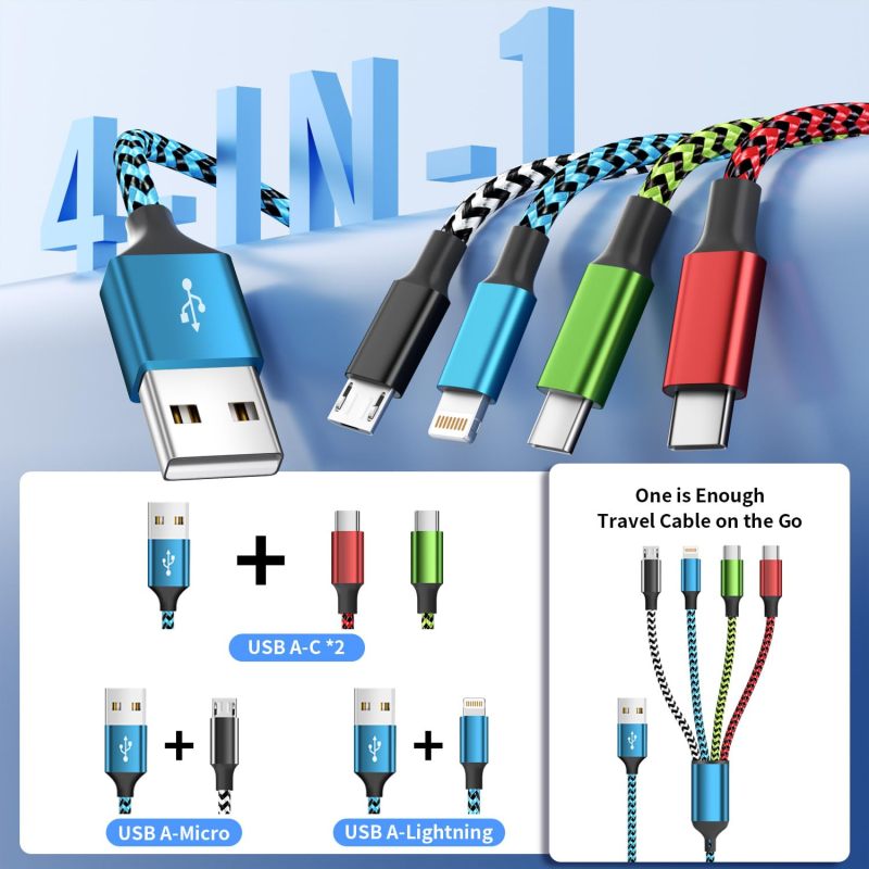 Multi Charging Cable 4ft 2Pack, Doub Tyep-C 4 in 1 Charging cable Nylon Braided Lightning iPhone Charger,Universal Charger Phone Cord With Type-C,Micro USB,IP Port for iPhone17-5/Android -Multicolor