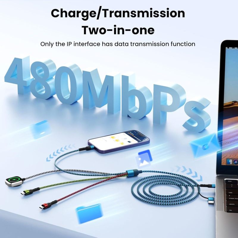 Multi Charging Cable 4ft 2Pack, Doub Tyep-C 4 in 1 Charging cable Nylon Braided Lightning iPhone Charger,Universal Charger Phone Cord With Type-C,Micro USB,IP Port for iPhone17-5/Android -Multicolor