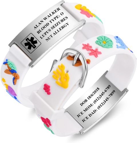 Gamtic Personalized Medical Alert Bracelet for Kids Customized Children Silicone Stainless Steel Bracelets Waterproof Engraved Bracelet Cute Safety ID Wristband for Toddler,Child,Daughter,Son