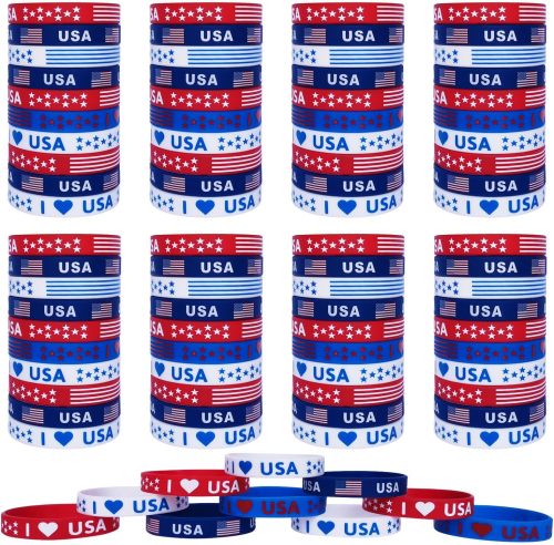 JAKADYUKS 100Pcs American Flag Silicone Bracelets - Patriotic Wristbands for Holiday Party Favors