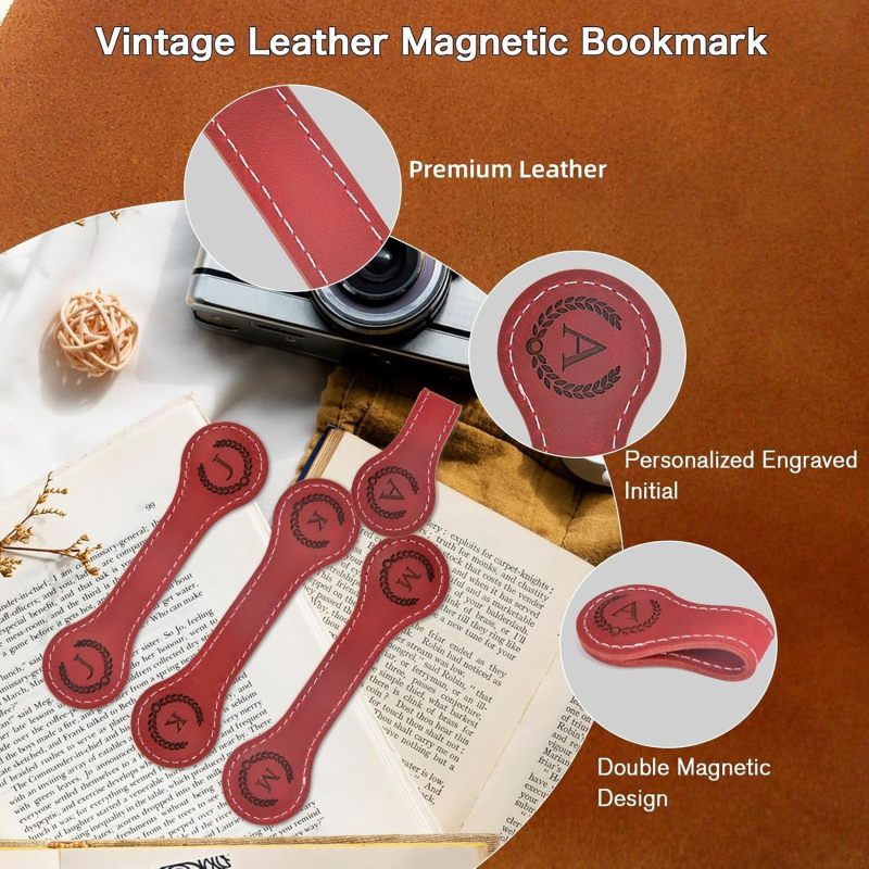 Nerien Personalized Magnetic Leather Bookmark, Engraved Letter Weighted Vintage Genuine Book Markers for Reading Women, Writers Poets Initial Gift for Book Lovers Reader Men Kids Boys Girls (S, Red)