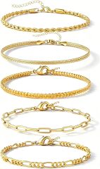 Alegend Titanium Steel (Not Rust, Resist Corruption, Easily Clean) 18K Gold Plated Single Bracelets + 14K Gold Plated Stackable Multilayer Bracelets