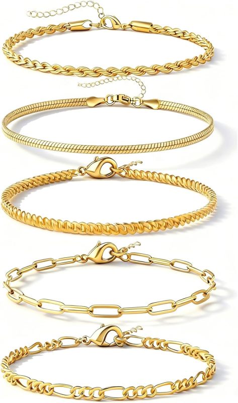Alegend Titanium Steel (Not Rust, Resist Corruption, Easily Clean) 18K Gold Plated Single Bracelets + 14K Gold Plated Stackable Multilayer Bracelets