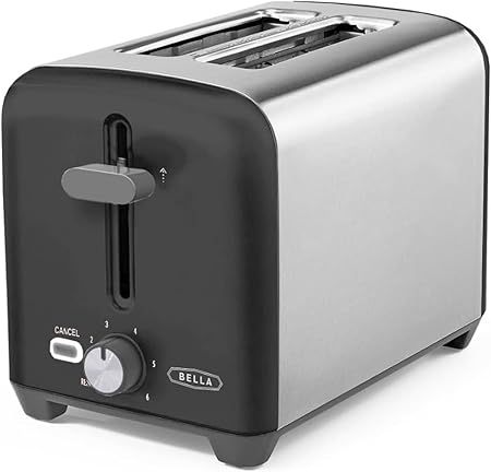 bella 2 Slice Toaster, Quick & Even Results Every Time, Wide Slots Fit Any Size Bread Like Bagels or Texas Toast, Drop-Down Crumb Tray for Easy Clean Up, Stainless Steel and Black