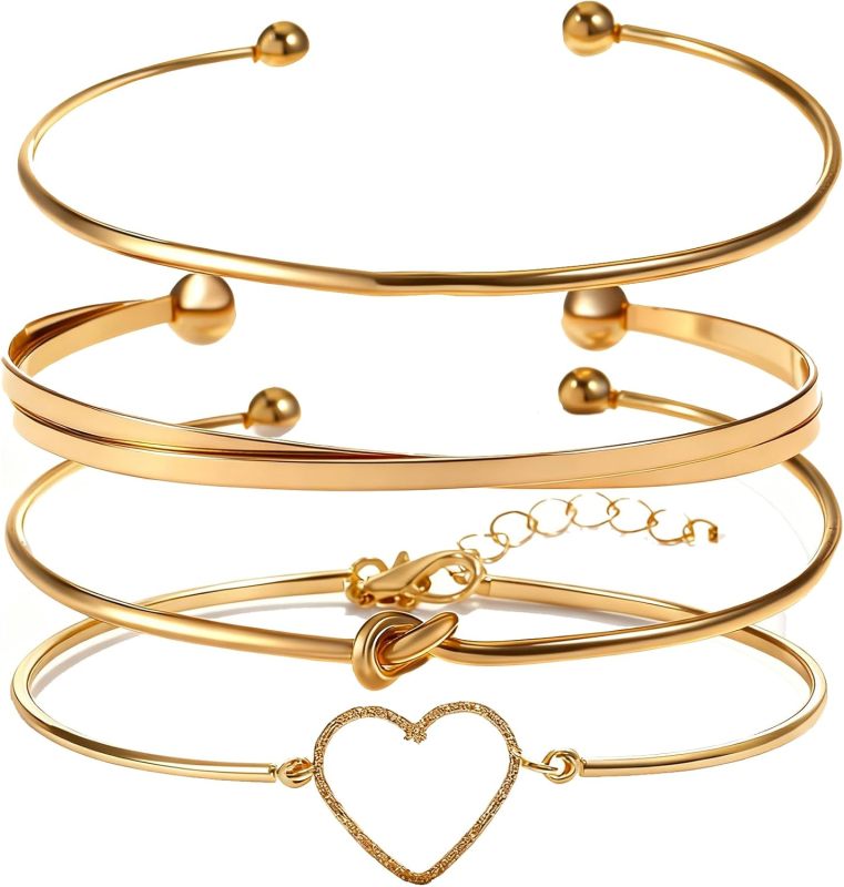 Alegend Titanium Steel (Not Rust, Resist Corruption, Easily Clean) 18K Gold Plated Single Bracelets + 14K Gold Plated Stackable Multilayer Bracelets