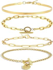 Alegend Titanium Steel (Not Rust, Resist Corruption, Easily Clean) 18K Gold Plated Single Bracelets + 14K Gold Plated Stackable Multilayer Bracelets