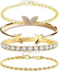 Alegend Titanium Steel (Not Rust, Resist Corruption, Easily Clean) 18K Gold Plated Single Bracelets + 14K Gold Plated Stackable Multilayer Bracelets