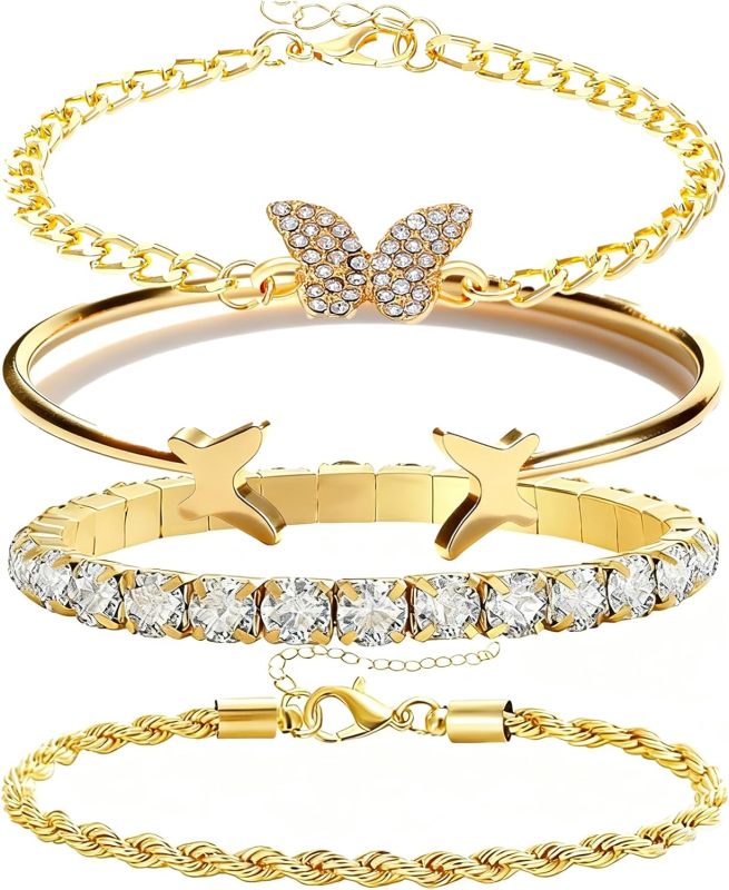 Alegend Titanium Steel (Not Rust, Resist Corruption, Easily Clean) 18K Gold Plated Single Bracelets + 14K Gold Plated Stackable Multilayer Bracelets