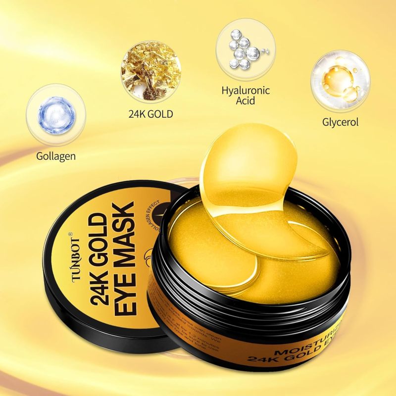 Tunbot Eye Mask - 60 Pieces - 24k Gold Eye Mask - Anti-Aging - Contains Collagen &amp; Hyaluronic Acid - Removes Dark Circles, Puffiness &amp; Wrinkles, Moisturizes - Home Skin Care