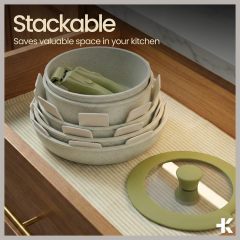 Pots and Pans Set Non Stick Ceramic-Granite – 14-Piece Cookware with Detachable Handles, Stackable Space-Saving, Dishwasher Safe, Stain-resistant, Oven & All-Stove Safe, Tempered Glass Lids, Green