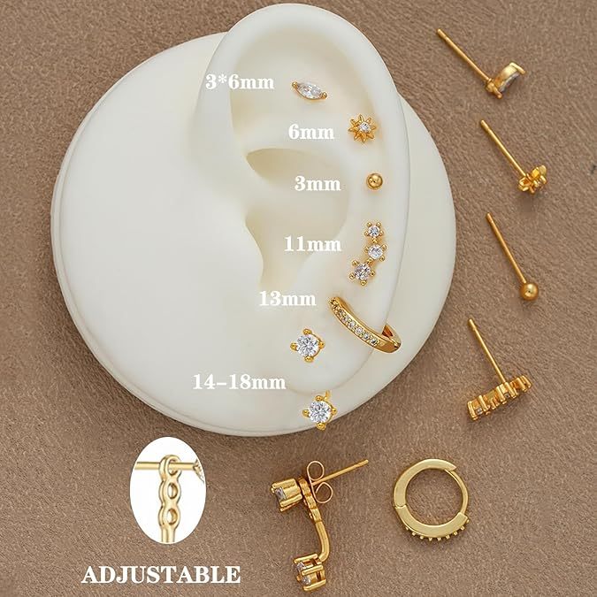 6 Pairs 14K Gold Plated Stud Earrings for Women, Hypoallergenic Cartilage Earrings for Multiple Piercing, Dainty Small Stackable Earrings Set for Jewelry Gift