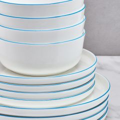Mikasa Samantha 12 Piece Bone China Dinnerware Set, Service for 4, Flat Plates and Bowl with Blue Rim, Chip-Resistant, Lightweight, Elegant and Durable, White