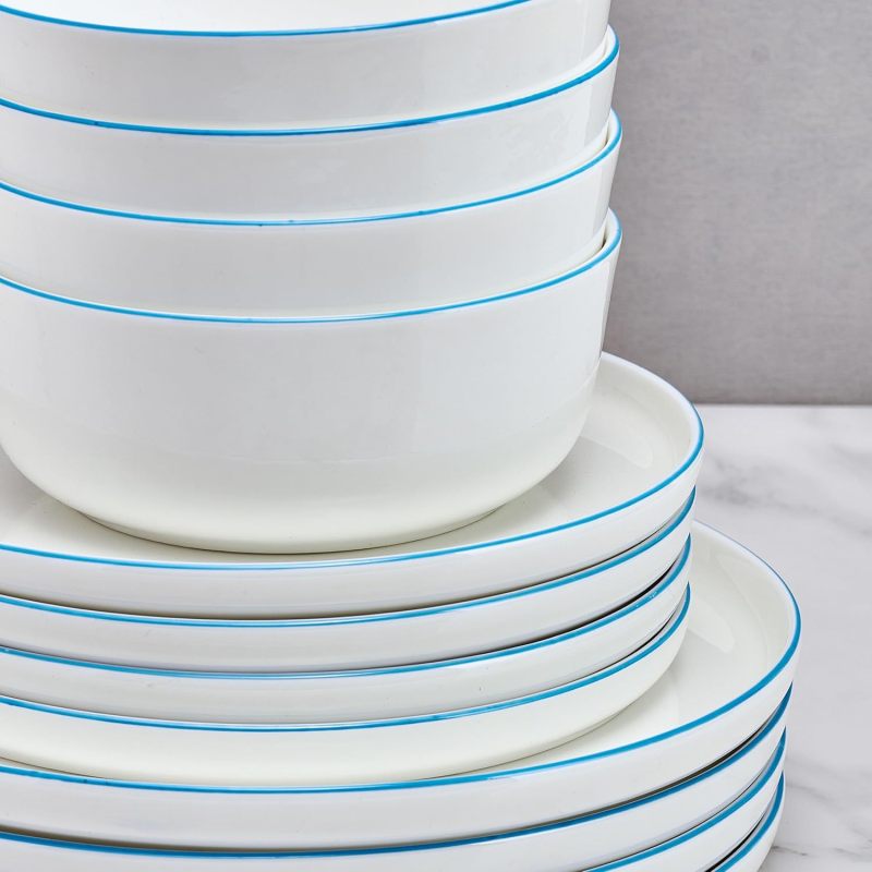Mikasa Samantha 12 Piece Bone China Dinnerware Set, Service for 4, Flat Plates and Bowl with Blue Rim, Chip-Resistant, Lightweight, Elegant and Durable, White