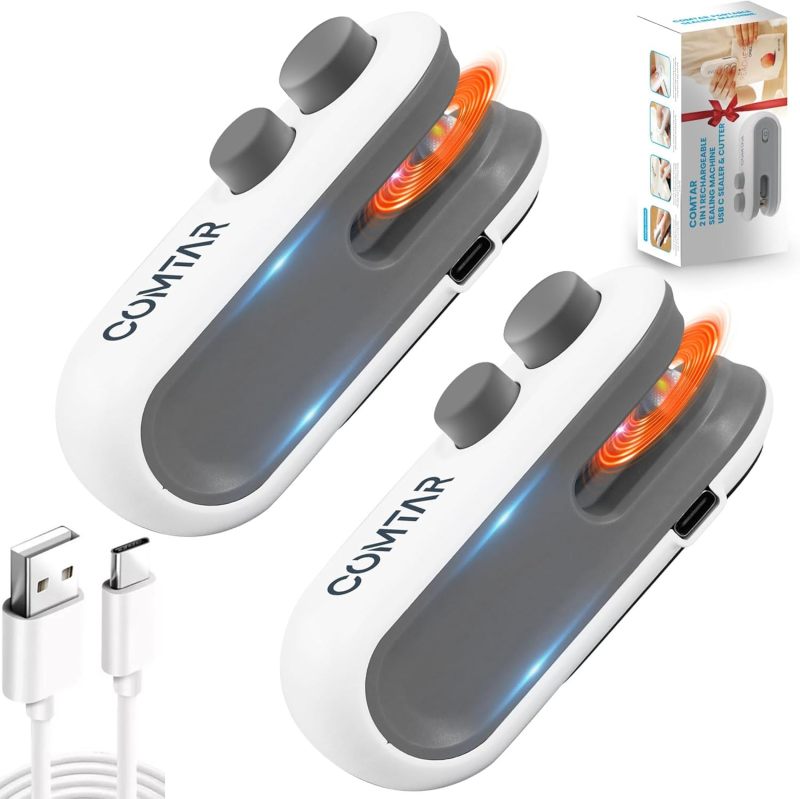 Mini Bag Sealer With Cutter And Magnet, 2 In 1 Rechargeable Vacuum Sealer Bag Heat Seal Machine With Sealer&Cutter For Plastic/Chip/Vacuum Sealer Bags (White 2.0)