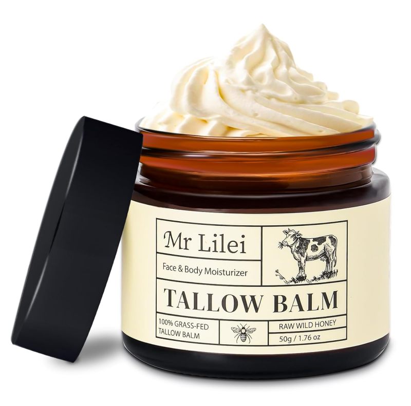 Beef Tallow for Skin - 100% Organic Grass-Fed Beef Tallow Balm with Raw Honey, Natural Whipped Face Moisturizer & Body Butter for Dry & Sensitive Skin, Non-Greasy (Unscented, 50g/1.76oz)