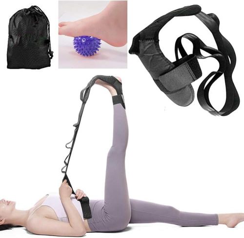 Autonomier Foot and Calf Stretcher, Leg Stretcher, Hamstring Stretcher, Stretching Strap For Plantar Fasciitis, Heel Spurs, Foot Drop, Achilles Tendonitis, Included Bag and Massage Ball (Black)