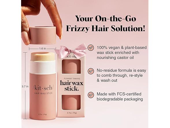 Kitsch Hair Wax Stick for Women & Men - Anti-Frizz and Fly Away Hair Tamer, No Residue Hair Finishing Stick | All Day Hold Styling Product - 2.7 oz